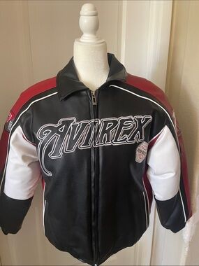 Avirex Black, Red & White Leather Varsity Jacket with Embroidered Logo